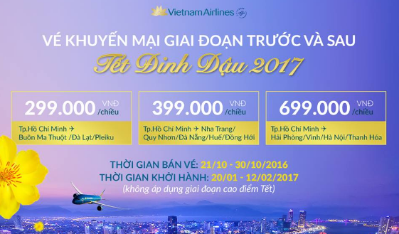 Vietnam Airlines khuyến mãi vé tết 2017 chiều thấp điểm