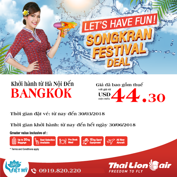 Thai Lion Air khuyến mãi vui lễ Songkran chỉ từ 45 USD